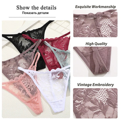Lot de 4 sous-vêtements sexy en dentelle pour femmes, culottes exotiques, en dentelle transparente, ajourée, string, entrejambe, intimes féminins, S-XL