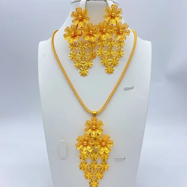 Parures de collier et boucles d'oreilles nigérianes pour mariée, style éthiopien et indien, couleur or 24 carats, bijoux de Dubaï, cadeaux pour banquets et fêtes