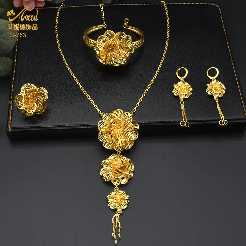 ANIID – ensemble de bijoux africains couleur or pour femmes, collier Long à fleurs indiennes, boucles d'oreilles, bijoux nigérians plaqués or 24K, mariage de dubaï