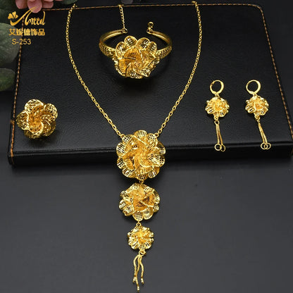ANIID – ensemble de bijoux africains couleur or pour femmes, collier Long à fleurs indiennes, boucles d'oreilles, bijoux nigérians plaqués or 24K, mariage de dubaï