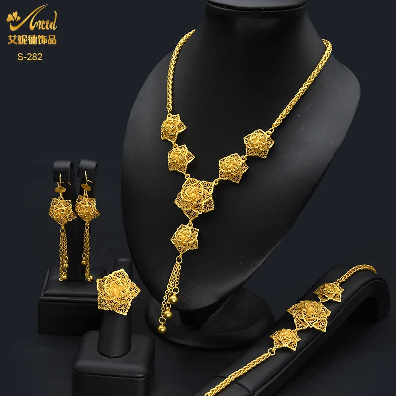 ANIID – ensemble de bijoux africains couleur or pour femmes, collier Long à fleurs indiennes, boucles d'oreilles, bijoux nigérians plaqués or 24K, mariage de dubaï