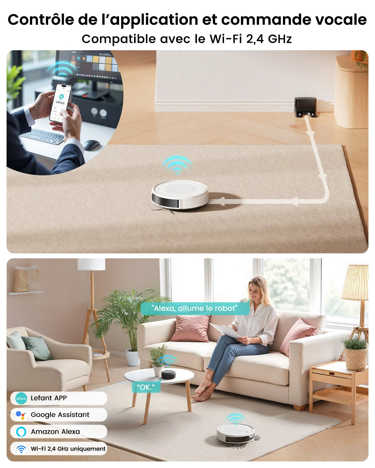 LEFANT M310 UltraAspirateur robot et balai à franges, puissance d'aspiration de 6000 Pa, navigation ToF avec capteur PSD à 190°, autonomie de 170 min, compatible avec l'application/Alexa, idéal pour les poils d'animau