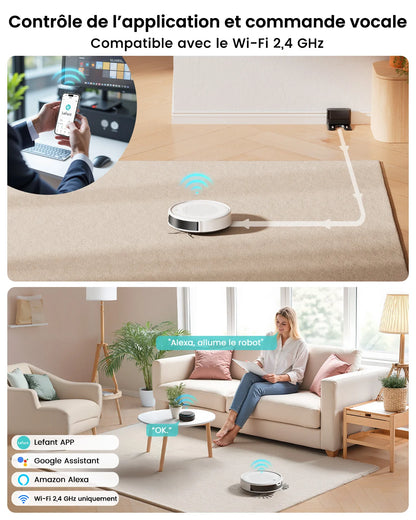 LEFANT M310 UltraAspirateur robot et balai à franges, puissance d'aspiration de 6000 Pa, navigation ToF avec capteur PSD à 190°, autonomie de 170 min, compatible avec l'application/Alexa, idéal pour les poils d'animau