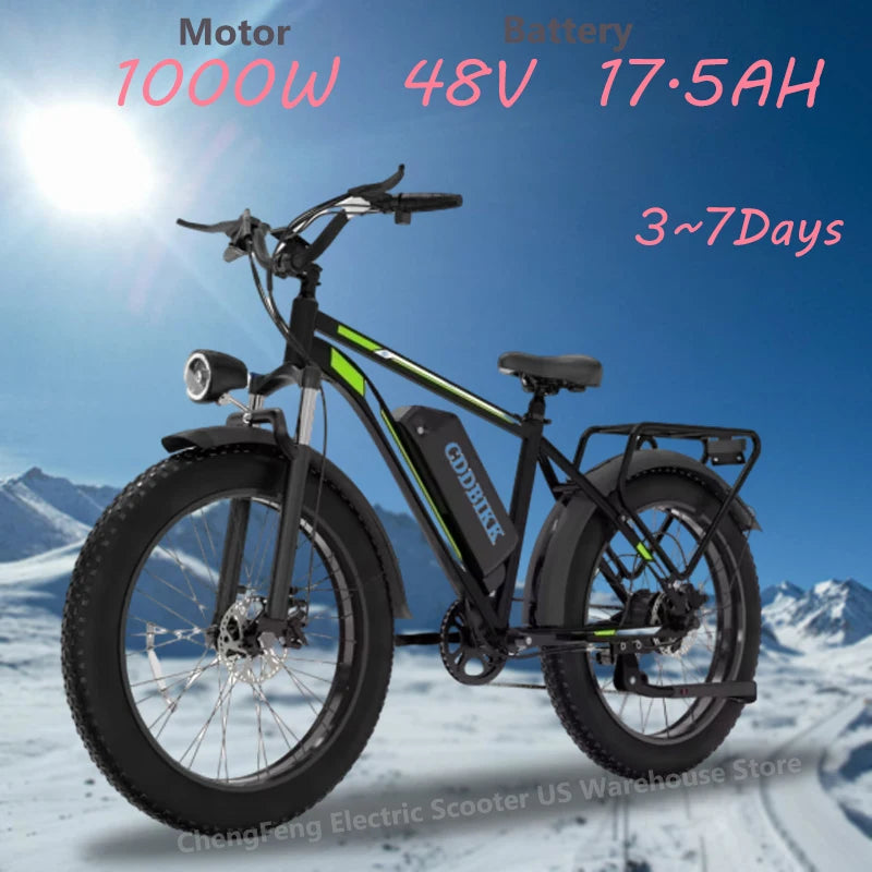 Batterie Ebike F26 1000W 48V 17,5AH, pneus tout-terrain 26 pouces, freins hydrauliques, vitesse maximale de 45 km/h, vélo électrique adulte.