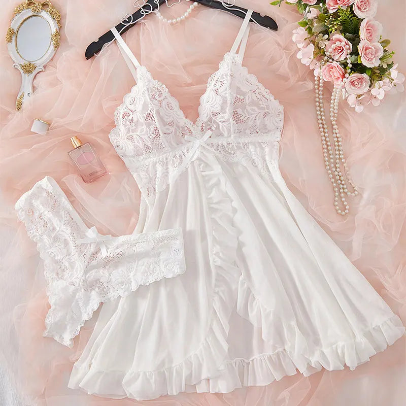 Un ensemble de sous-vêtements de femme chemise de nuit string ensembles grande taille jarretelle dentelle Lingerie accessoires Sexy soutien-gorge érotique chemise de nuit lencería