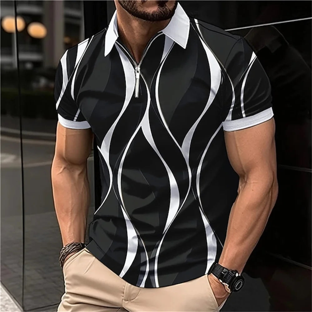Polo à revers zippé pour homme Polos de golf Imprimés graphiques Géométrie Linéaire Rabattu Manches courtes Fermeture éclair Vêtements Hauts Designer