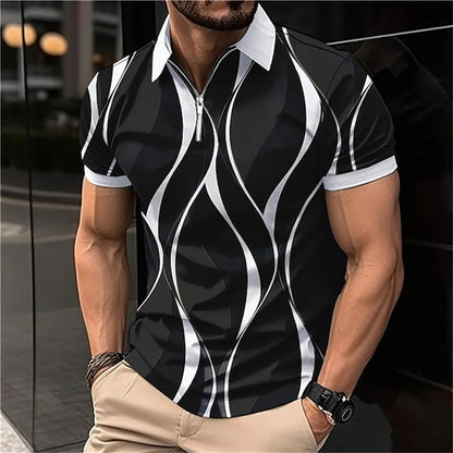 Polo à revers zippé pour homme Polos de golf Imprimés graphiques Géométrie Linéaire Rabattu Manches courtes Fermeture éclair Vêtements Hauts Designer