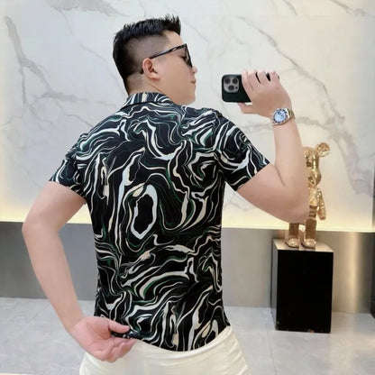 Chemise tendance d'été en soie glacée à motif floral pour homme, élastique, respirante, à manches courtes, décontractée, pour affaires, soirées et occasions habillées