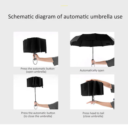 Grand parapluie entièrement automatique et résistant, pliable, pour homme et femme, idéal pour les affaires, le travail ou la pluie
