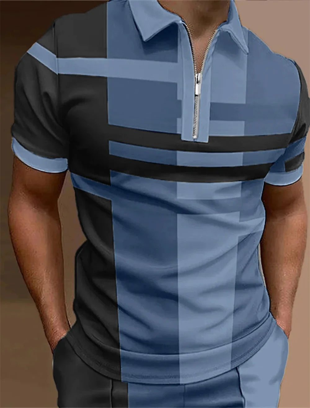 Polo à revers zippé pour homme Polos de golf Imprimés graphiques Géométrie Linéaire Rabattu Manches courtes Fermeture éclair Vêtements Hauts Designer