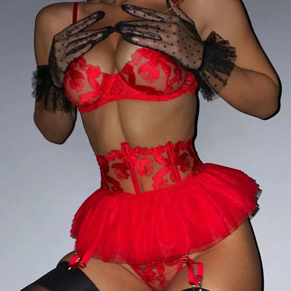 Toucheart-Ensemble de lingerie 3 pièces pour femme, jarretelles, mini jupe, soutien-gorge brodé transparent, sous-vêtements sexy, nouveau, 7.0