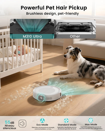 LEFANT M310 UltraAspirateur robot et balai à franges, puissance d'aspiration de 6000 Pa, navigation ToF avec capteur PSD à 190°, autonomie de 170 min, compatible avec l'application/Alexa, idéal pour les poils d'animau