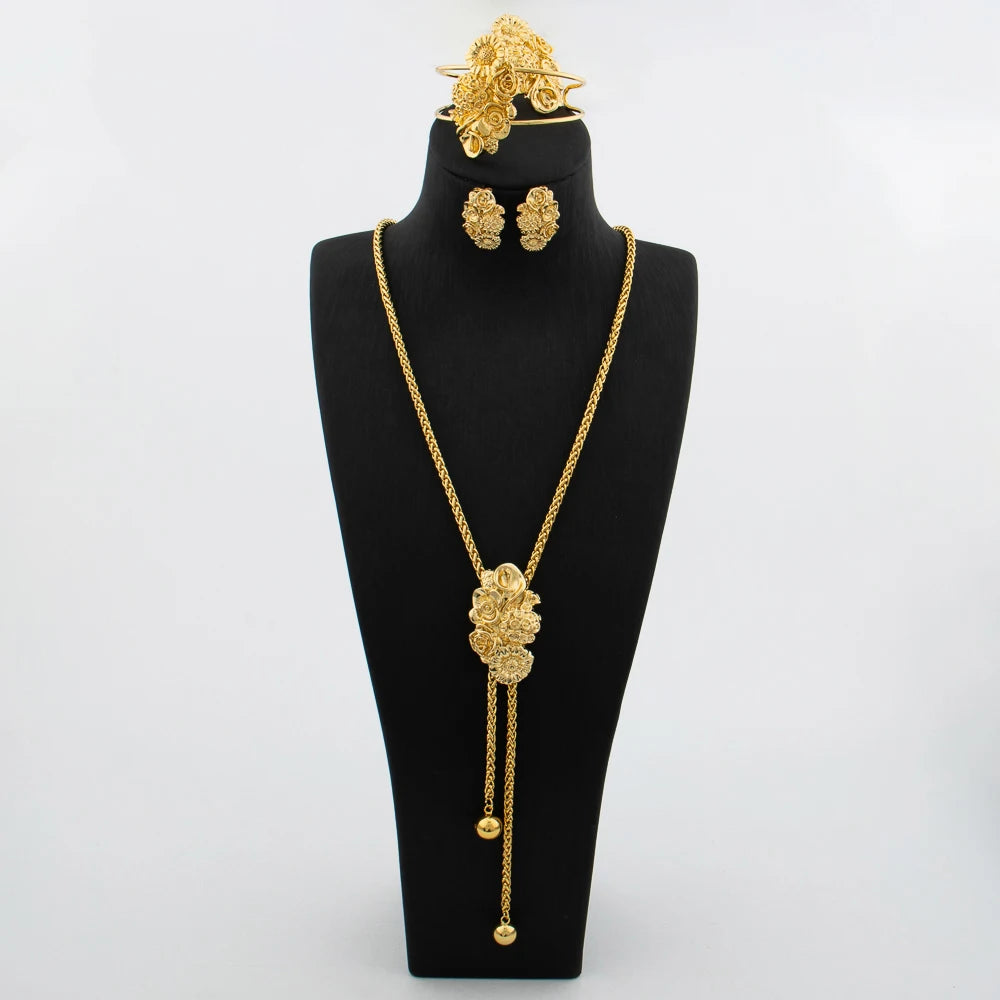 Ensemble de bijoux plaqué or pour femme collier réglable boucle d'oreille en cuivre en forme de fleur, bracelet et matiques, bijoux de mariage africains de Dubaï