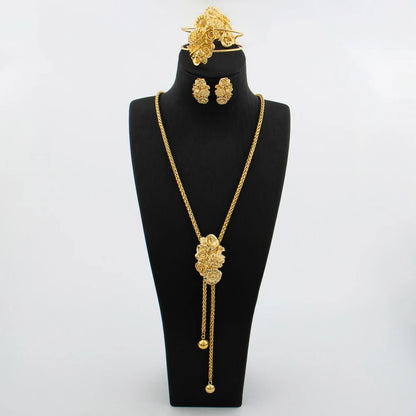 Ensemble de bijoux plaqué or pour femme collier réglable boucle d'oreille en cuivre en forme de fleur, bracelet et matiques, bijoux de mariage africains de Dubaï