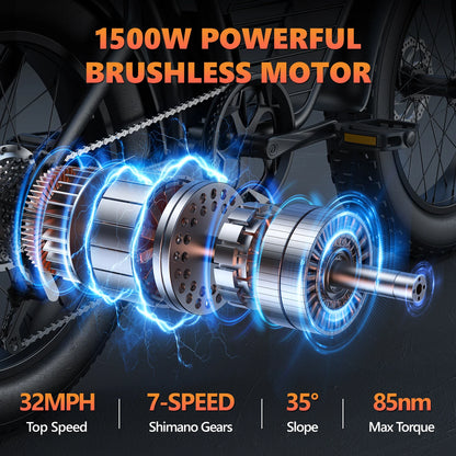 Kickwey K7 vélo électrique 1500W moteur 48V 23AH vélo électrique adulte 20 pouces gros pneu 32MPH vélo électrique de montagne à 7 vitesses