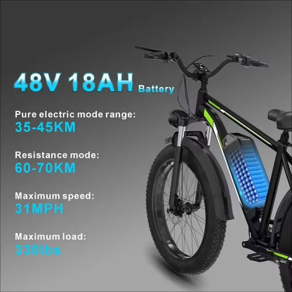 Batterie Ebike F26 1000W 48V 17,5AH, pneus tout-terrain 26 pouces, freins hydrauliques, vitesse maximale de 45 km/h, vélo électrique adulte.
