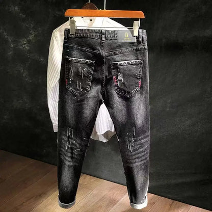 Nouveau 2023 Automne Style Coréen Travail Déchiré Trou Noir Cowboy Hip Hop Dotting Ink Slim Jeans Hommes Luxe Denim Pantalons pour Hommes
