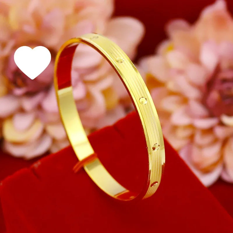 AU999 24K Gold Striped Dot Bangle | Gradient enamel - painted stripes, pearl - inlaid dots, clasp design, lively & noble