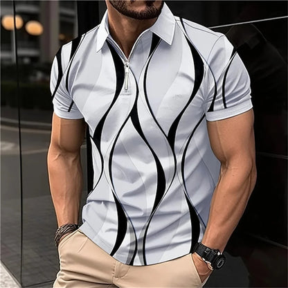 Polo à revers zippé pour homme Polos de golf Imprimés graphiques Géométrie Linéaire Rabattu Manches courtes Fermeture éclair Vêtements Hauts Designer