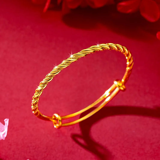 Bracelets en or jaune pur 18 carats pour femmes, torsadé réglable en pâte frite, bijoux de luxe pour fête de mariage, tendance, 999