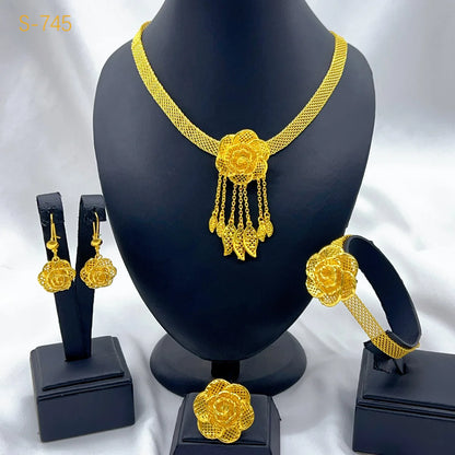 Femmes fleur gland collier boucles d'oreilles bague Bracelet mariée 4 pièces ensemble fine fleur/gland fluide, chaud 24K, AU999 double garantie
