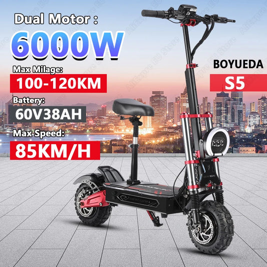 BOYUEDA-Trottinette Électrique S5, Moteur 6000W, Batterie 60V 38Ah, Connexion Bluetooth, Fonction NDavid Intelligente, 11 Pouces, Hors Route