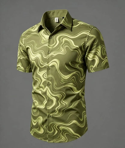 Chemise à manches courtes pour homme, imprimé lignes fluides et abstraites, charme épuré et artistique, idéale pour le streetwear personnalisé