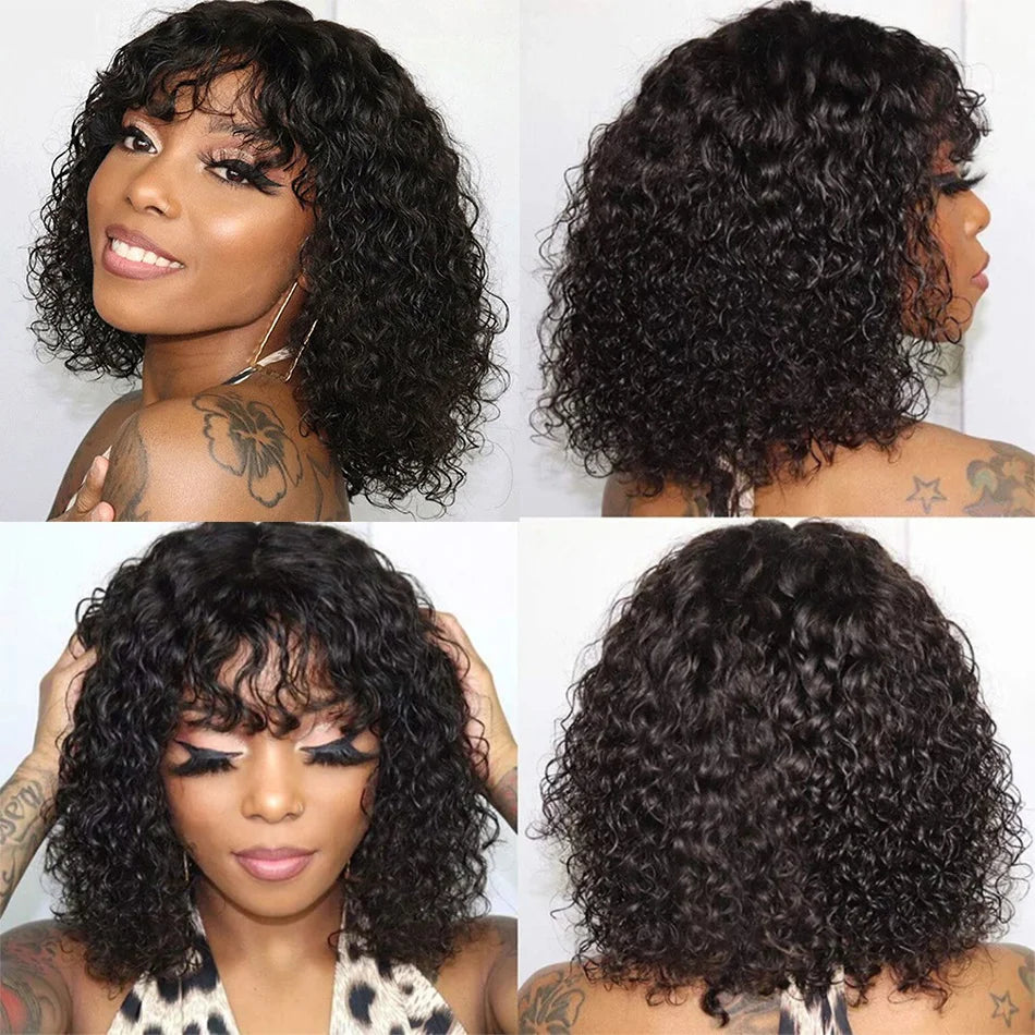 Perruque de cheveux humains courte ondulée Pixie Cut Bob avec frange Perruques complètes pour femmes noires Remy Perruque Cheveux Humain Bouclés