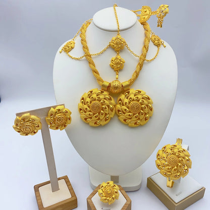 Ensemble de bijoux de mariage éthiopien de luxe pour femmes, couleur or 24 carats, 6 pièces, collier torsadé en forme de fleur de dubaï, cadeau