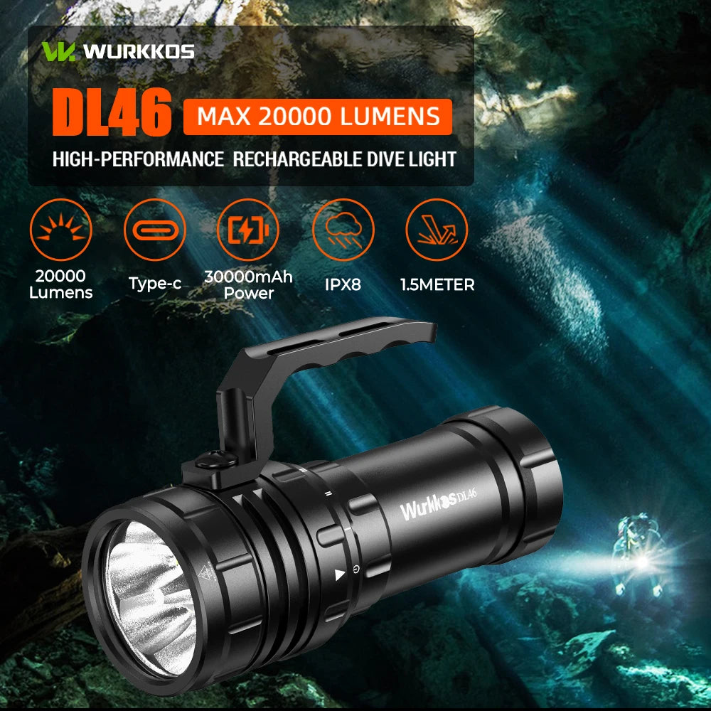 Wurkkos DL46 20000LM lampe de poche de plongée Super lumineuse portée 608M lanterne sous-marine Rechargeable 30000mAh 46950 batterie externe