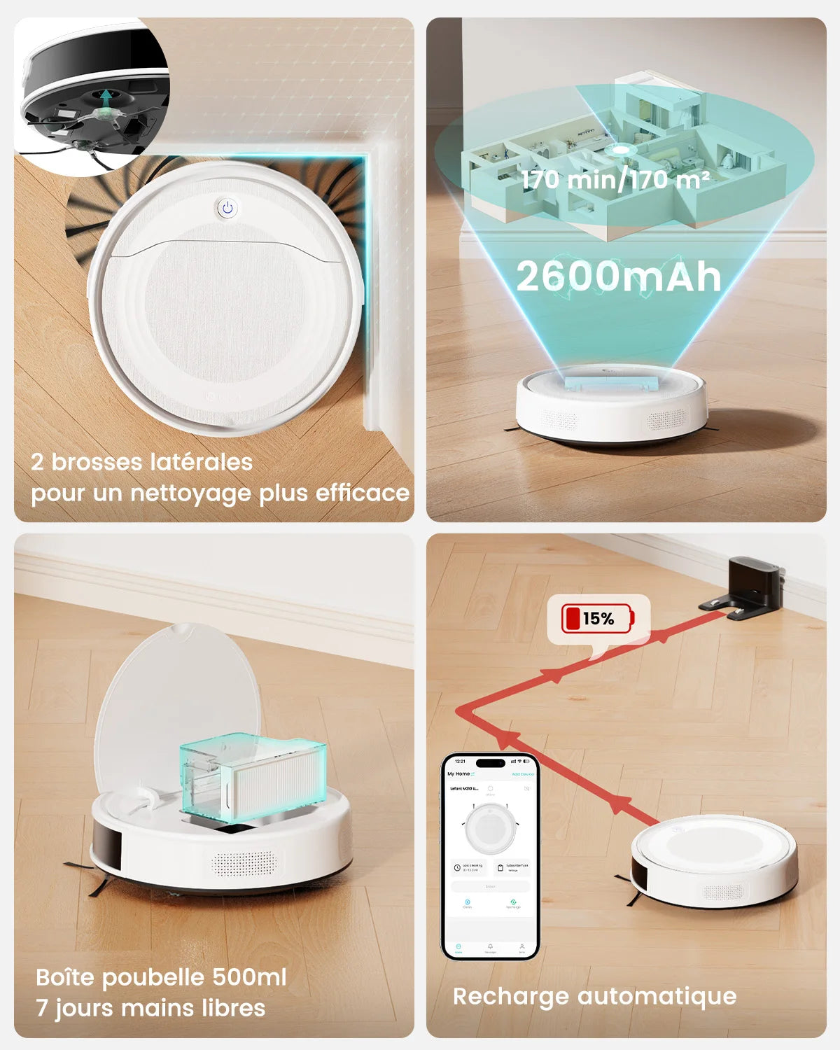 LEFANT M310 UltraAspirateur robot et balai à franges, puissance d'aspiration de 6000 Pa, navigation ToF avec capteur PSD à 190°, autonomie de 170 min, compatible avec l'application/Alexa, idéal pour les poils d'animau
