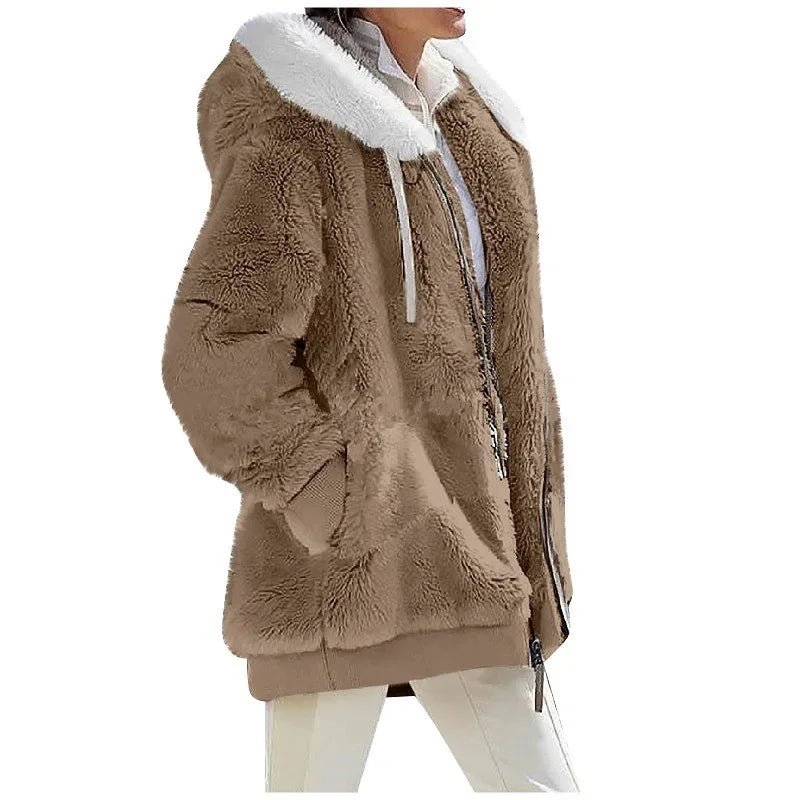 Manteau à Capuche en Cachemire pour Femme, Veste Décontractée avec Fermeture Éclair, Couleur Unie, Nouvelle Collection Automne Hiver