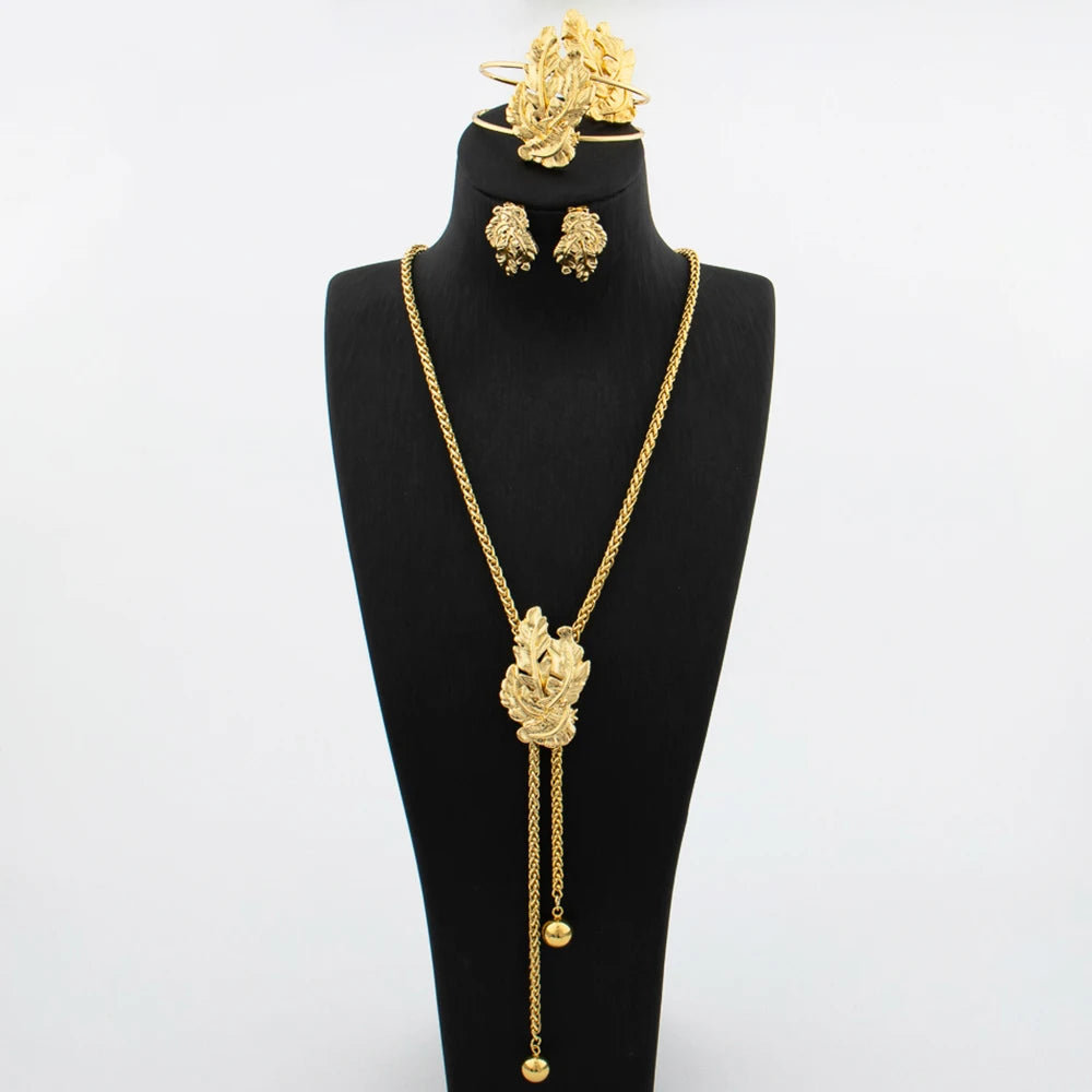 Ensemble de bijoux plaqué or pour femme collier réglable boucle d'oreille en cuivre en forme de fleur, bracelet et matiques, bijoux de mariage africains de Dubaï
