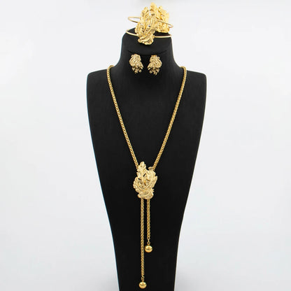 Ensemble de bijoux plaqué or pour femme collier réglable boucle d'oreille en cuivre en forme de fleur, bracelet et matiques, bijoux de mariage africains de Dubaï