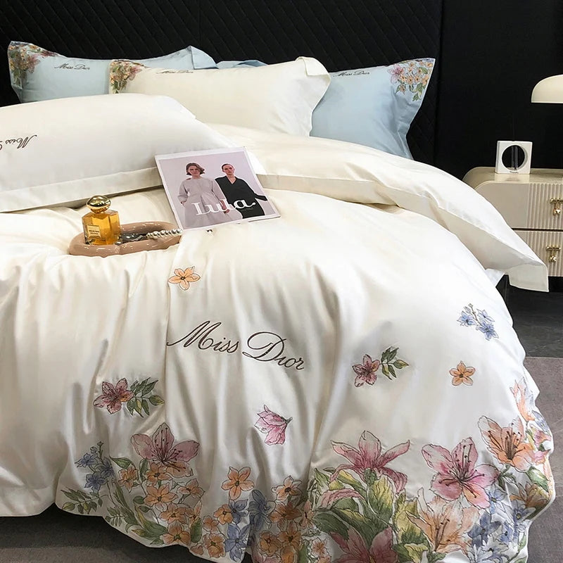 Parure de lit en coton égyptien avec broderie de fleurs, couvre-lit de luxe, drap-housse, housse de matelas, taies d'oreiller, housse de couette, housse de athlon blanche
