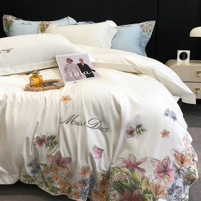 Parure de lit en coton égyptien avec broderie de fleurs, couvre-lit de luxe, drap-housse, housse de matelas, taies d'oreiller, housse de couette, housse de athlon blanche
