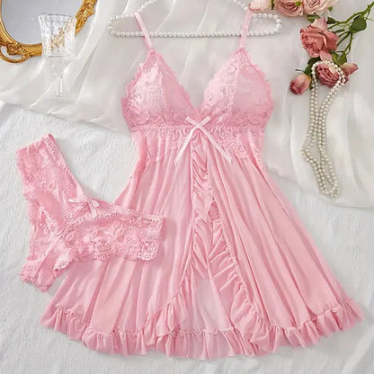 Ensemble pyjama transparent, chemise de nuit string, pour femme Sexy, robe de nuit d'été, Ultra-fin, vêtements de nuit en dentelle, Lingerie à bretelles