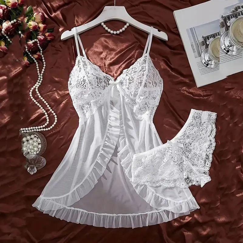Un ensemble de sous-vêtements de femme chemise de nuit string ensembles grande taille jarretelle dentelle Lingerie accessoires Sexy soutien-gorge érotique chemise de nuit lencería