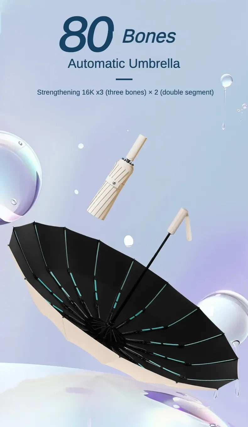 Parapluie anti-tempête 80 Bone pour hommes et femmes, pliage automatique, grand parapluie coupe-vent imperméable, parapluies anti-ultraviolets