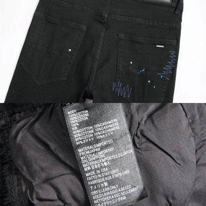 Jeans Diamond Cross pour hommes, pieds perforés, épissure en cuir réfléchissant, brillant, usé, broderie, pantalon, doublure en soie, luxe High Street 2