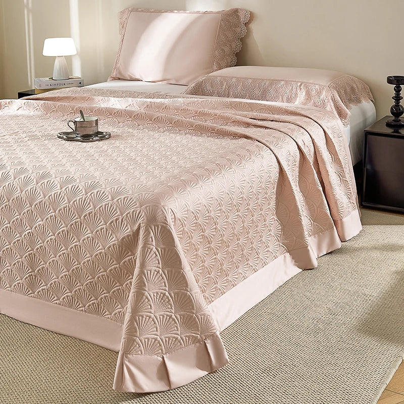 Couvre-lit matelassé en coton Lyocell doux et soyeux, housse de lit, surmatelas, drap de lit, taies d'oreiller en dentelle, 3/5 pièces