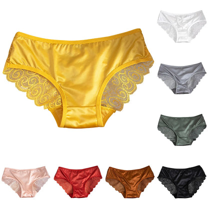 Culotte femme jaune sous-vêtements en Satin de soie dentelle Lingerie Sexy respirant taille moyenne slip femme culotte confortable caleçon