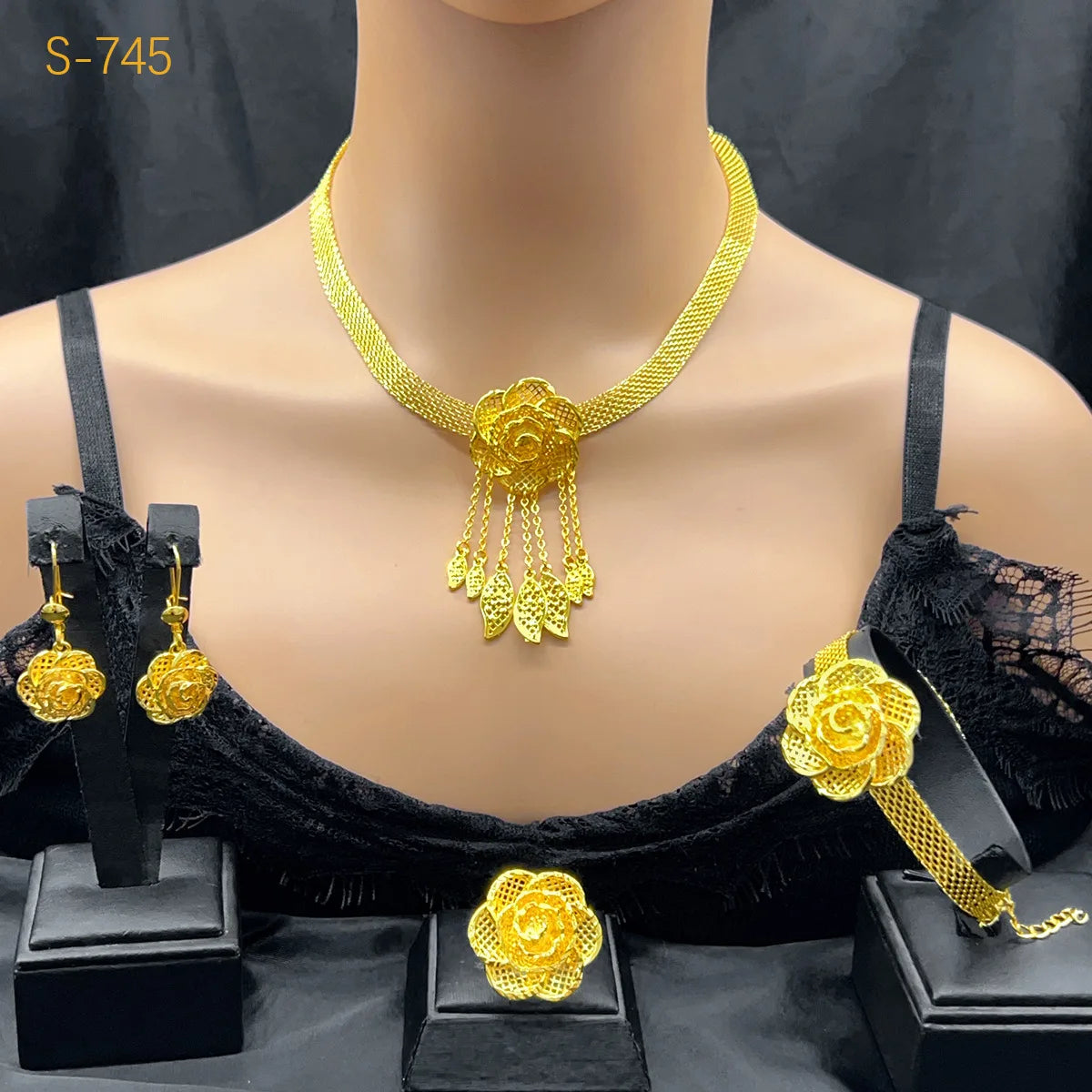 Femmes fleur gland collier boucles d'oreilles bague Bracelet mariée 4 pièces ensemble fine fleur/gland fluide, chaud 24K, AU999 double garantie