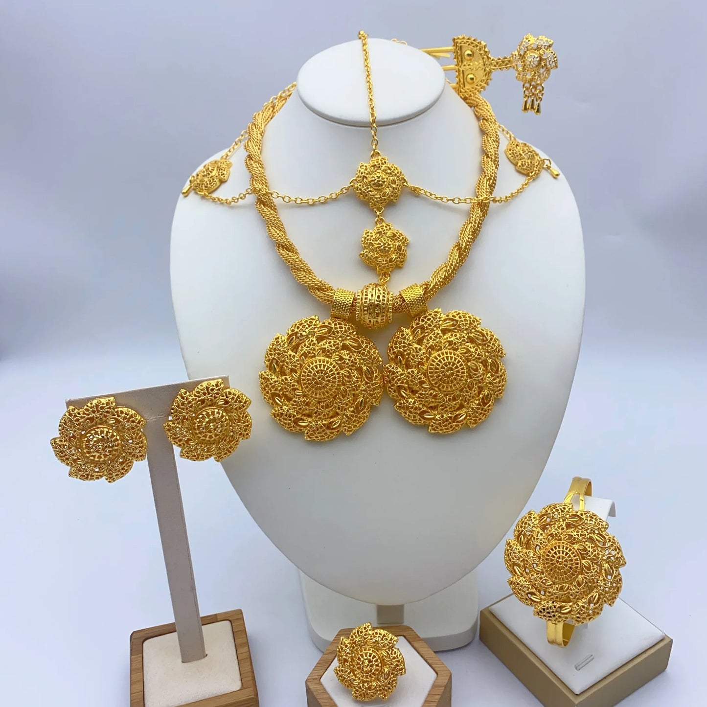 Ensemble de bijoux de mariage éthiopien de luxe pour femmes, couleur or 24 carats, 6 pièces, collier torsadé en forme de fleur de dubaï, cadeau