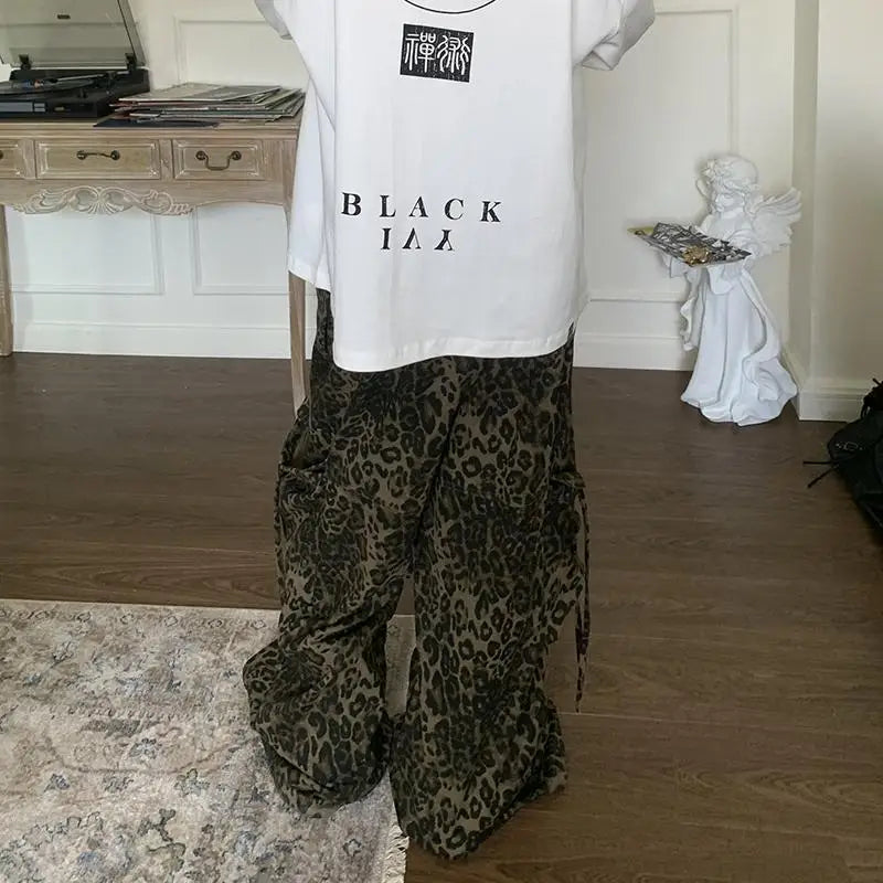 HOUZHOU Tan léopard Cargo Pantalon Hommes Y2K Parachute surdimensionné Pantalon Grand Homme Streetwear Hip Hop Harajuku Imprimé Animal