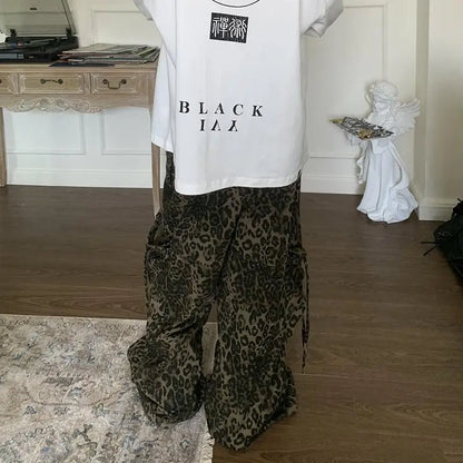 HOUZHOU Tan léopard Cargo Pantalon Hommes Y2K Parachute surdimensionné Pantalon Grand Homme Streetwear Hip Hop Harajuku Imprimé Animal