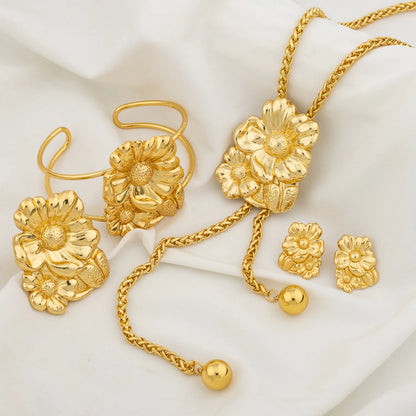 Ensemble de bijoux plaqué or pour femme collier réglable boucle d'oreille en cuivre en forme de fleur, bracelet et matiques, bijoux de mariage africains de Dubaï