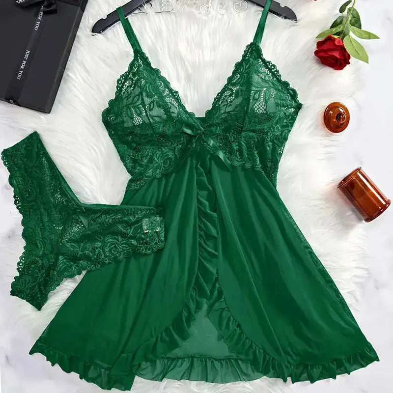 Un ensemble de sous-vêtements de femme chemise de nuit string ensembles grande taille jarretelle dentelle Lingerie accessoires Sexy soutien-gorge érotique chemise de nuit lencería