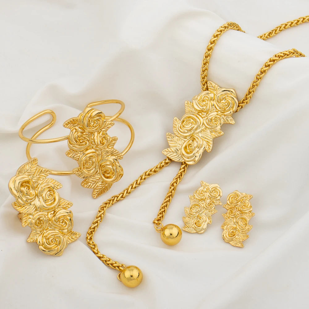 Ensemble de bijoux plaqué or pour femme collier réglable boucle d'oreille en cuivre en forme de fleur, bracelet et matiques, bijoux de mariage africains de Dubaï