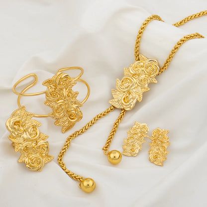 Ensemble de bijoux plaqué or pour femme collier réglable boucle d'oreille en cuivre en forme de fleur, bracelet et matiques, bijoux de mariage africains de Dubaï
